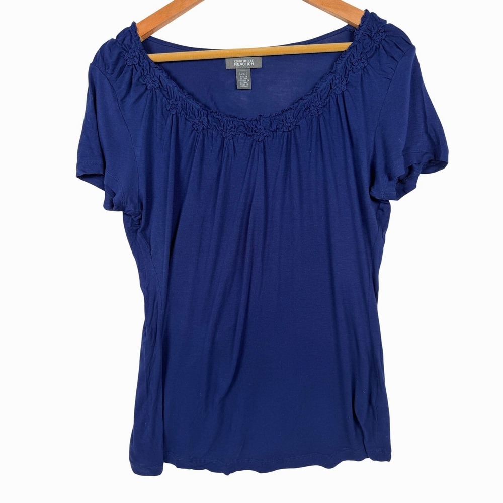 Kenneth Cole Reaction Top Womens Large Blue Ruffle Scoop Neck Pleated Rayon Tee